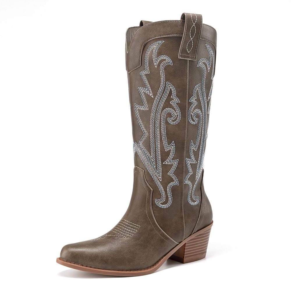 Athlefit Embroidered Pointed Toe Cowboy Boot in Brown