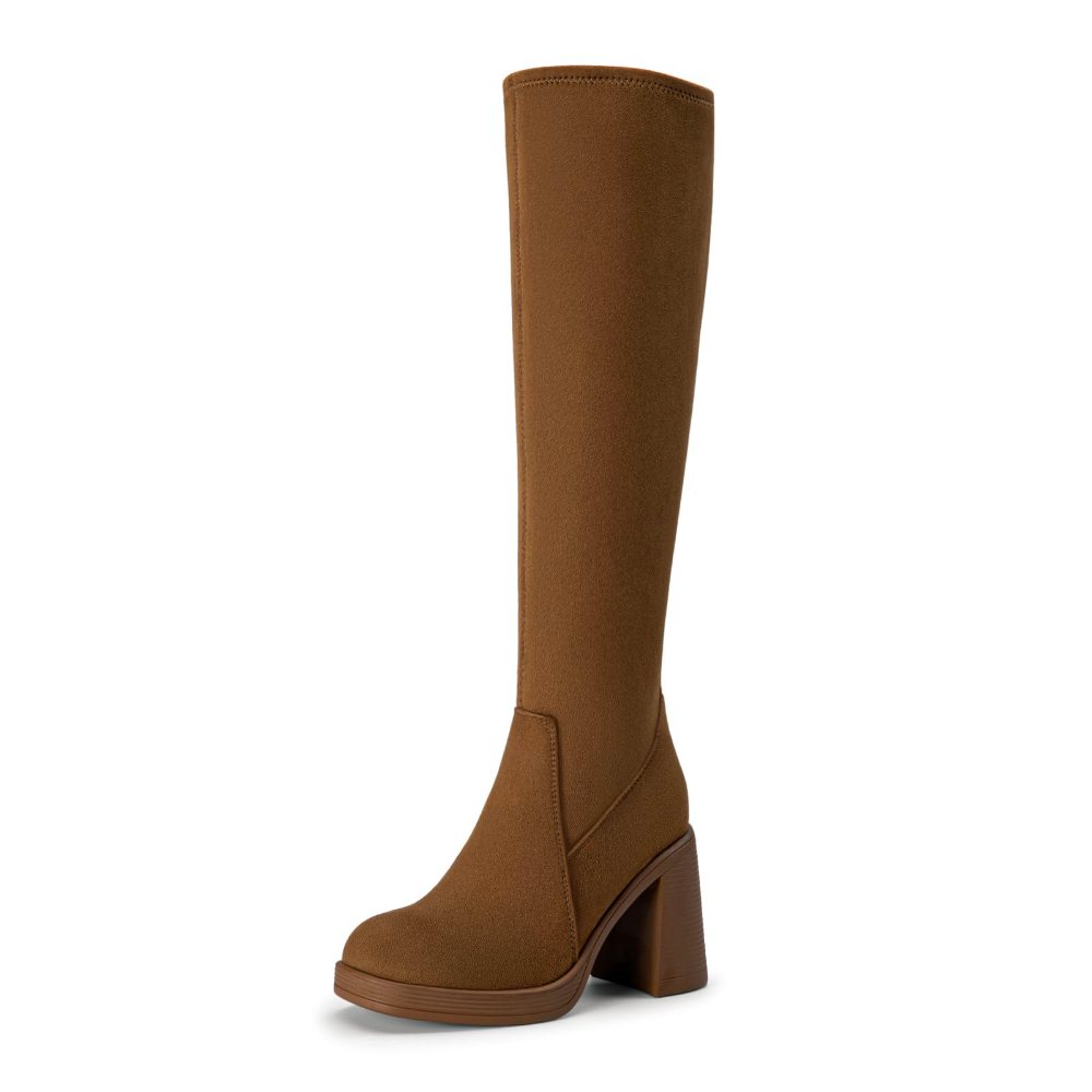 Athlefit Stretch Platform Knee-High Boot in Brown Suede