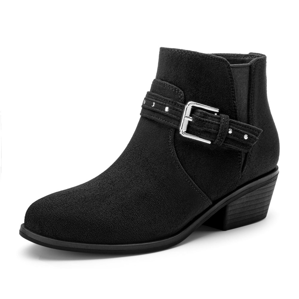 Athlefit Buckle Strap Almond Toe Bootie in Black Suede