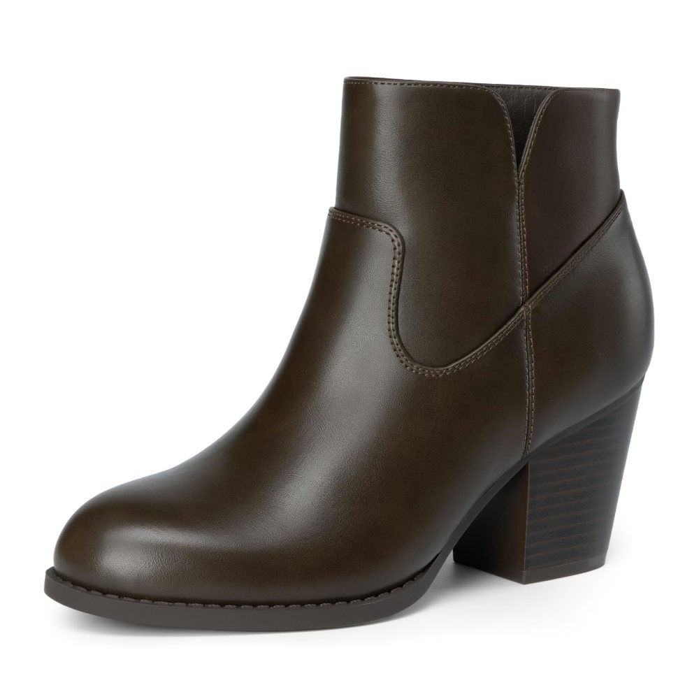 Athlefit Round Toe Stacked Heel Bootie in Brown