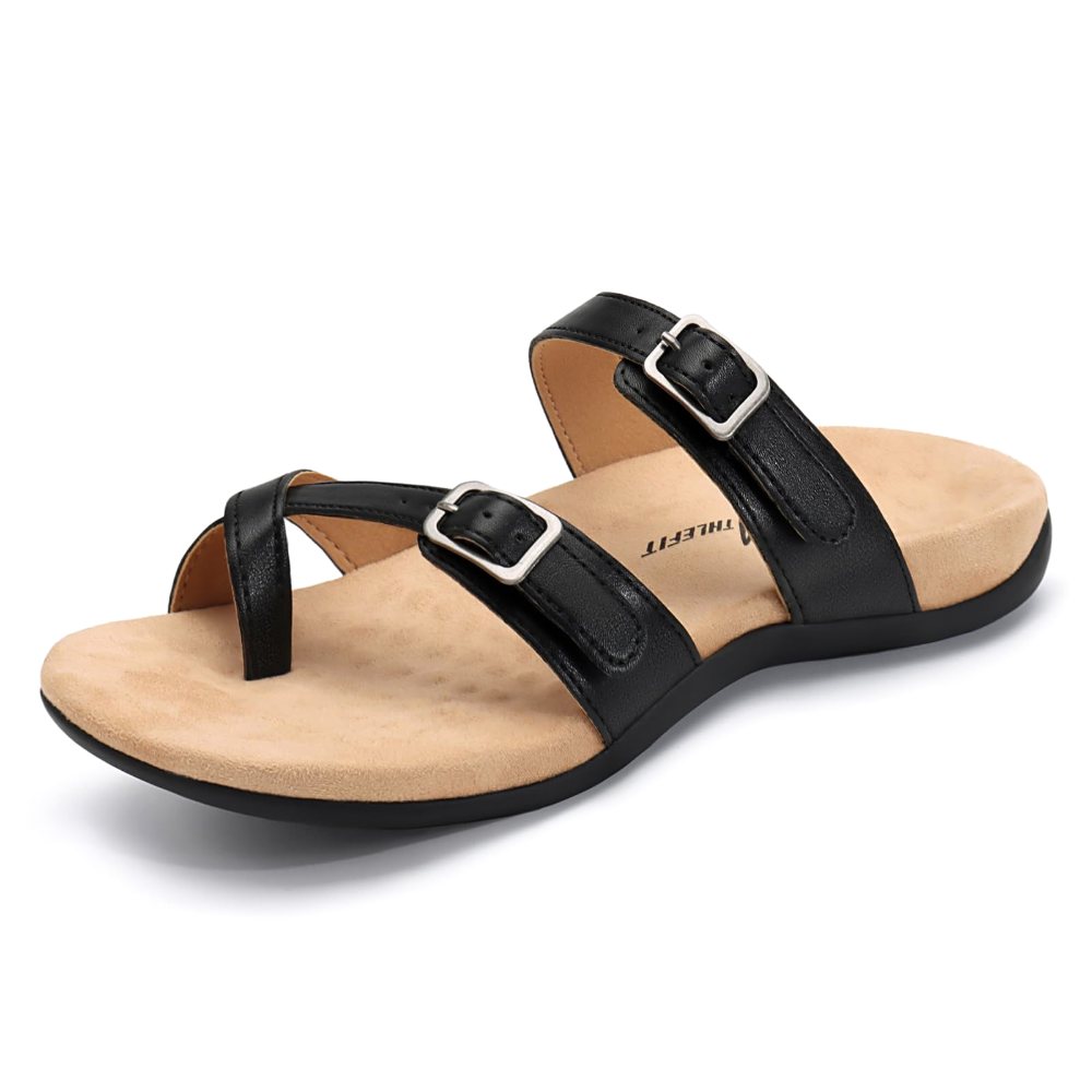 Athlefit Arch Support Buckle Toe Loop Sandal in Black