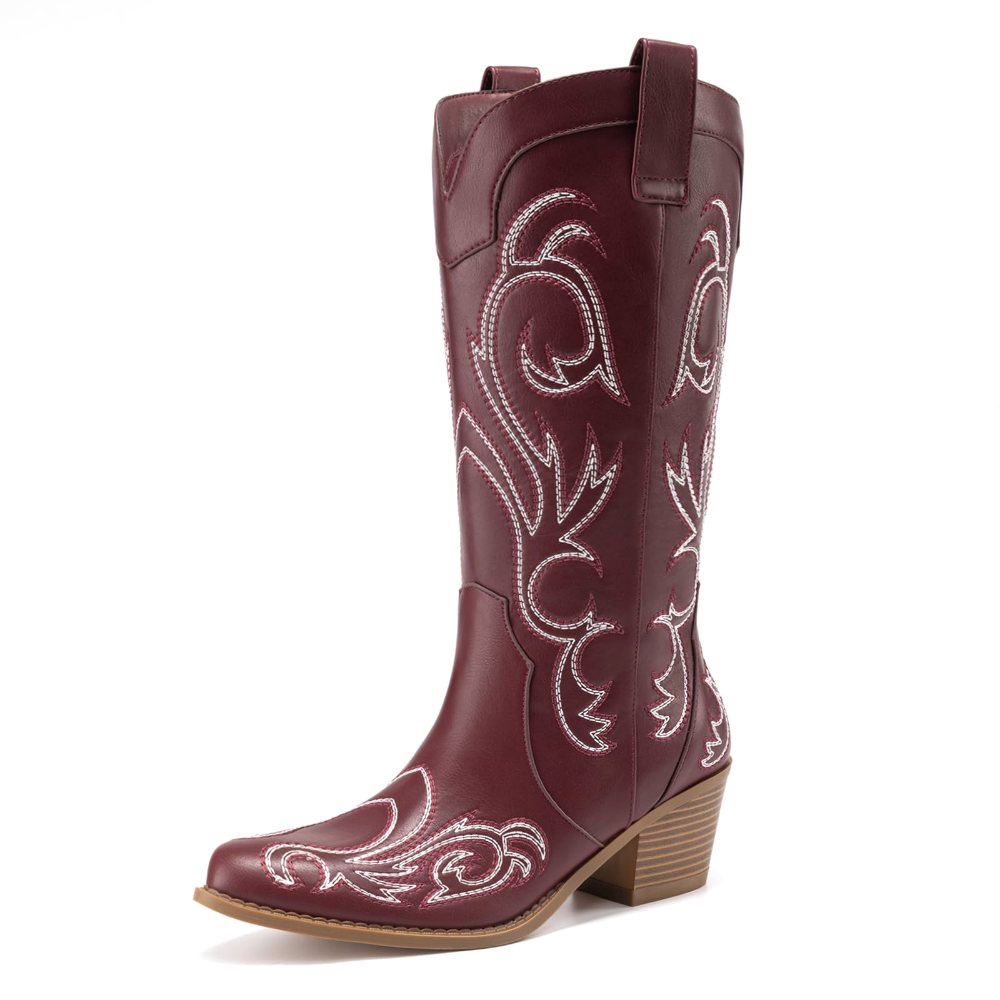 Athlefit Embroidered Pointed Toe Cowboy Boot in Red