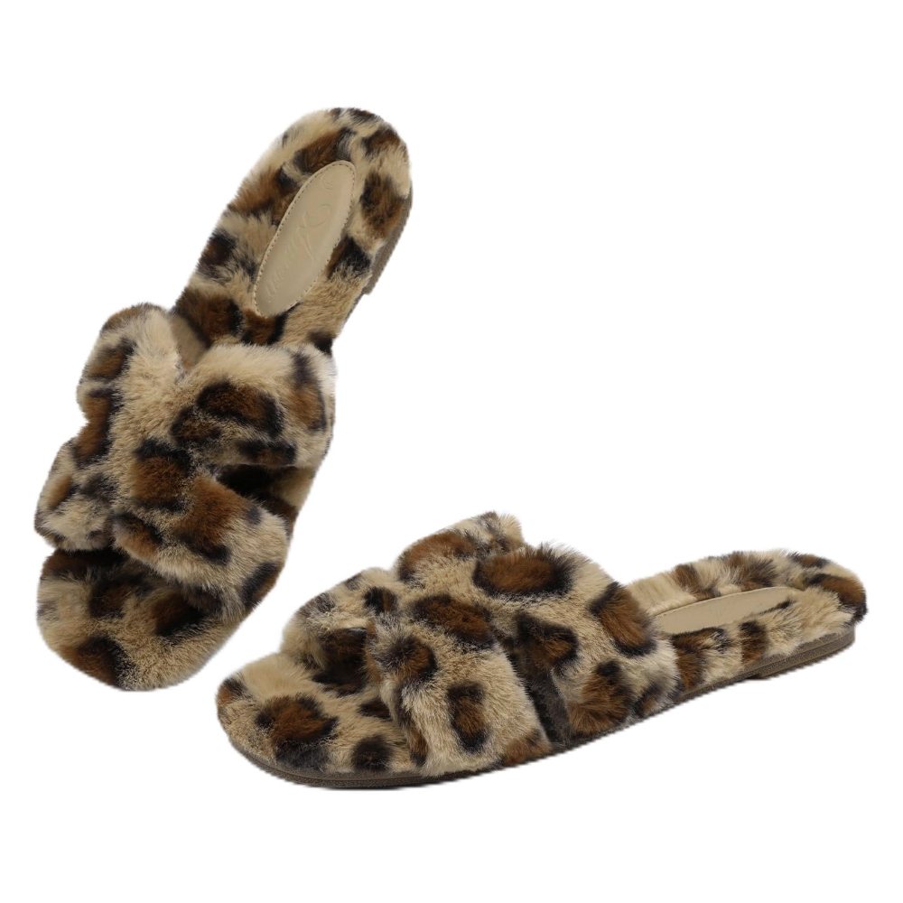Athlefit Fuzzy Crossband Slide Slipper in Leopard
