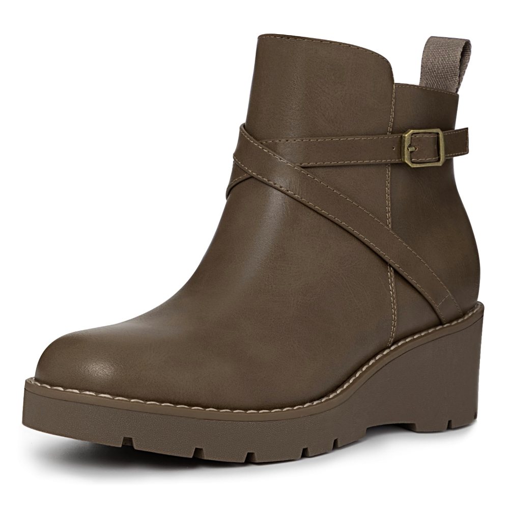 Athlefit Buckle Lug Sole Wedge Bootie in Taupe