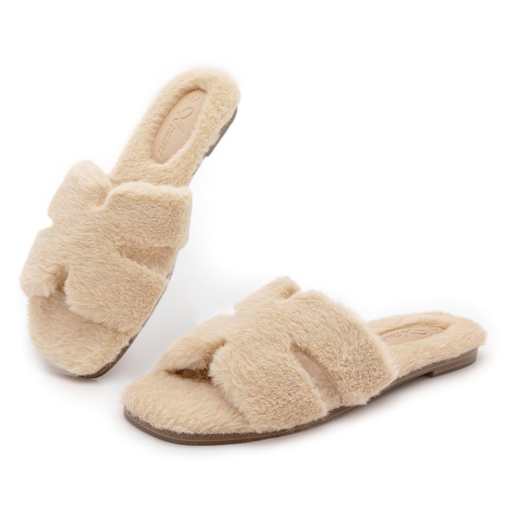 Athlefit Fuzzy Crossband Slide Slipper in Khaki