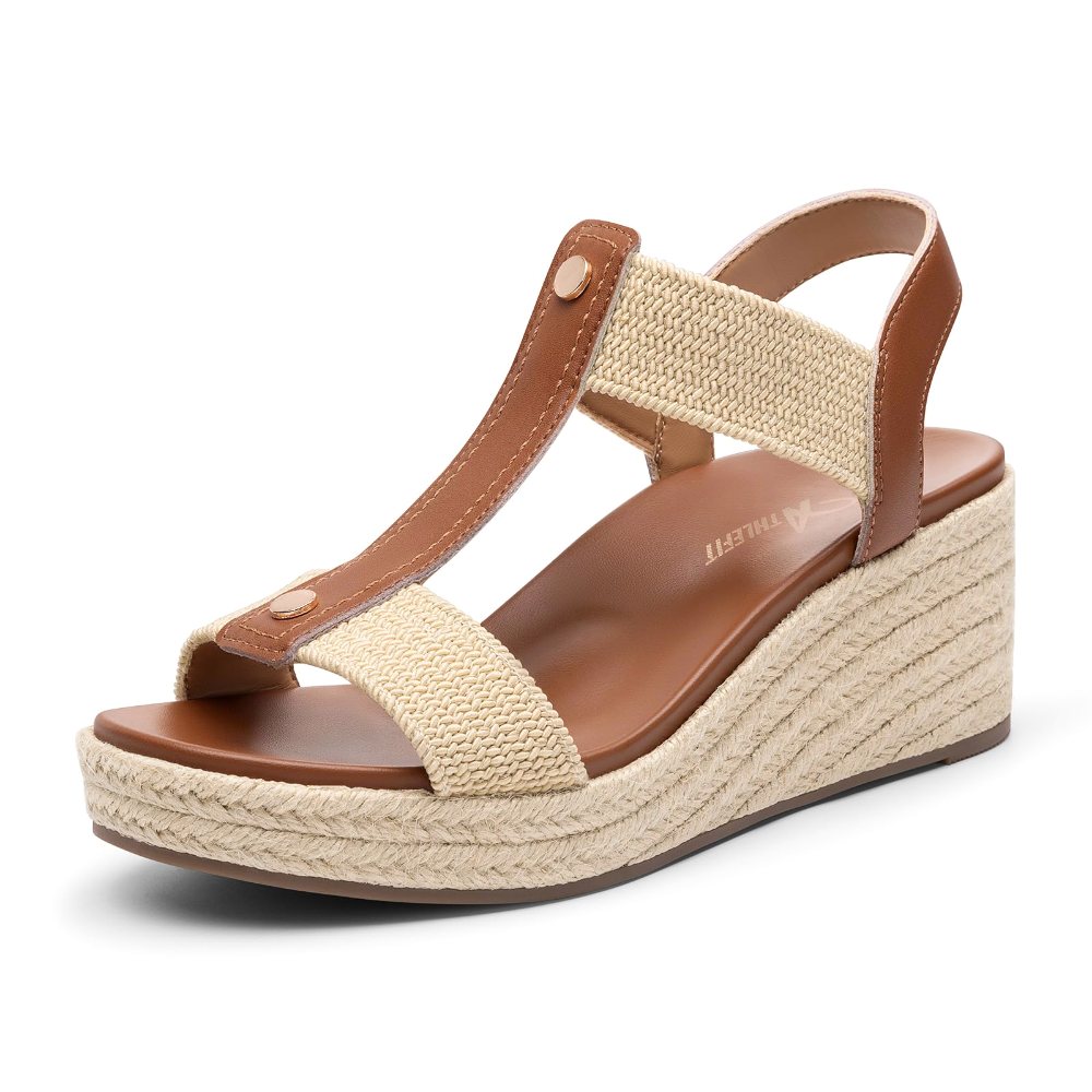 Athlefit T-Strap Espadrille Wedge in Camel Brown