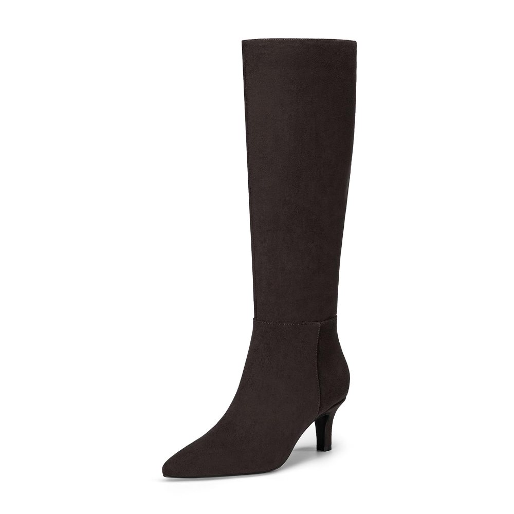 Athlefit Pointed Toe Kitten Heel Tall Boot in Chocolate Suede