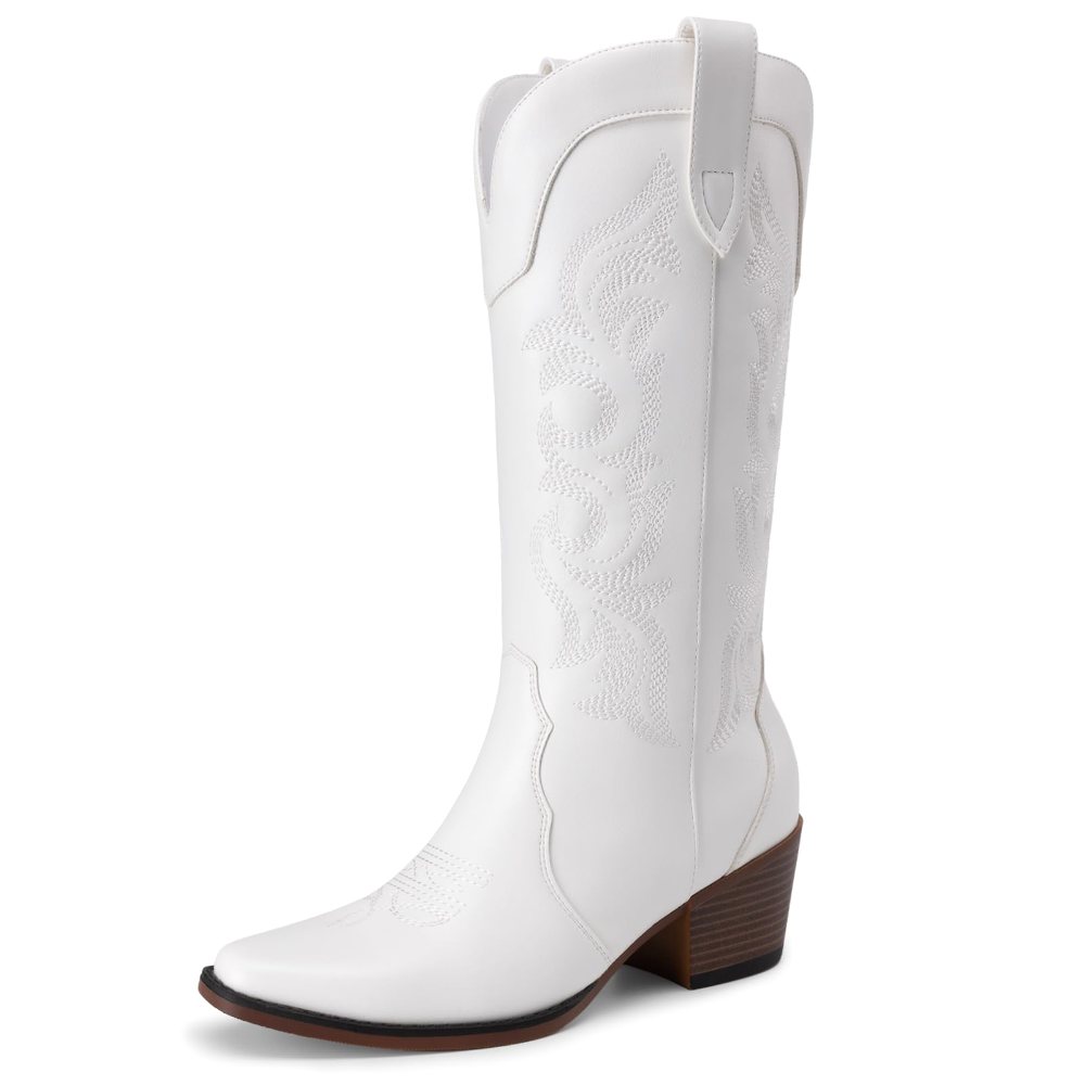 Athlefit Embroidered Pointed Toe Cowboy Boot in White