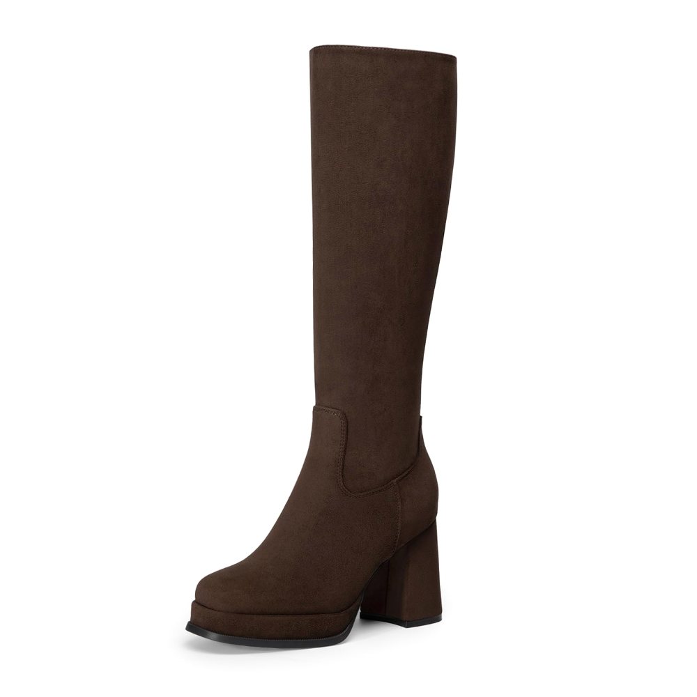 Athlefit Square Toe Platform Tall Boot in Brown Suede