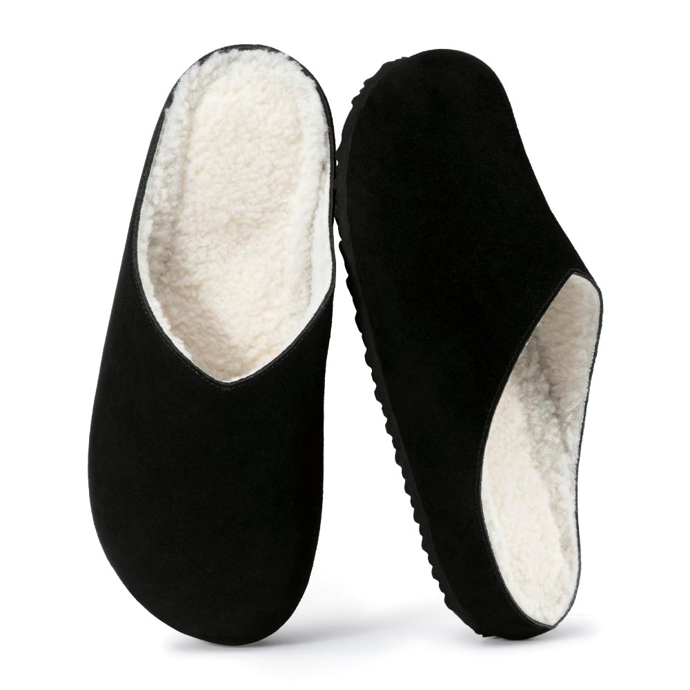 Athlefit Cork Footbed Suede Clog in Black Fuzzy Lined
