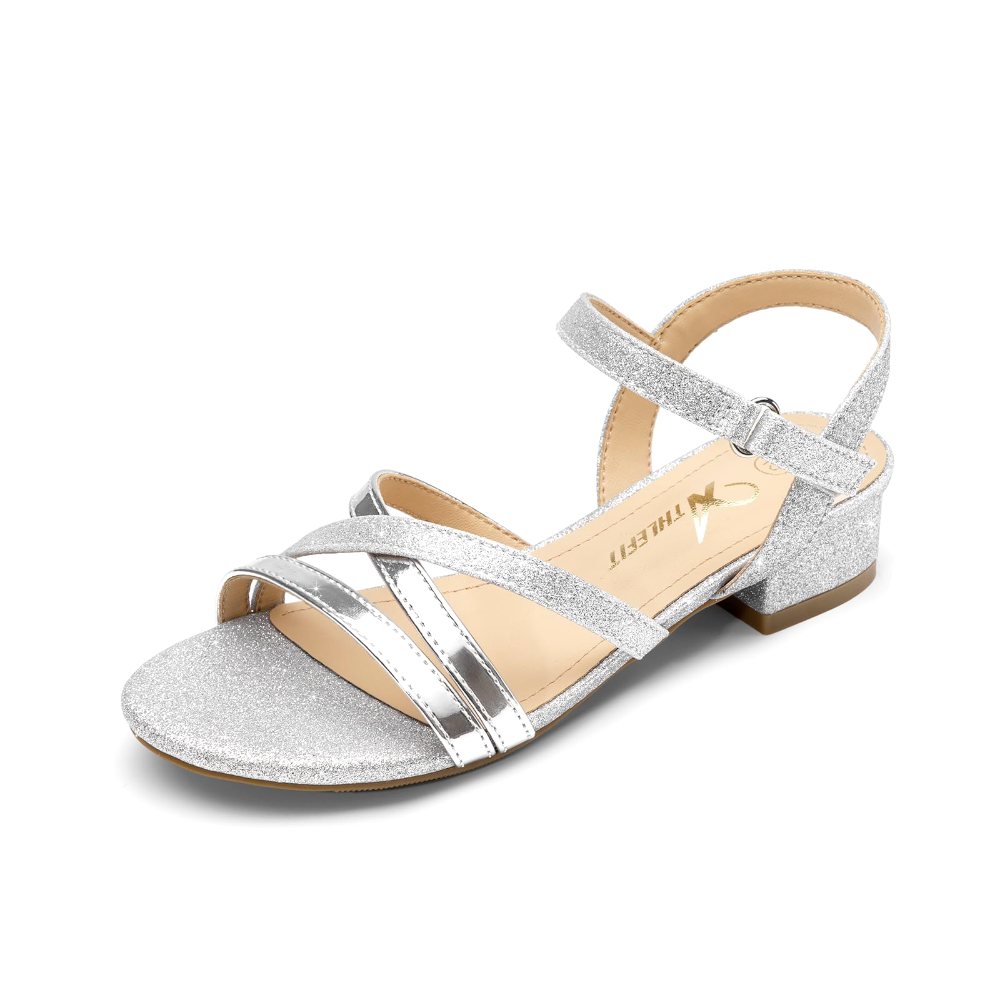 Athlefit Girls' Flower Low Heel Sandal in Silver