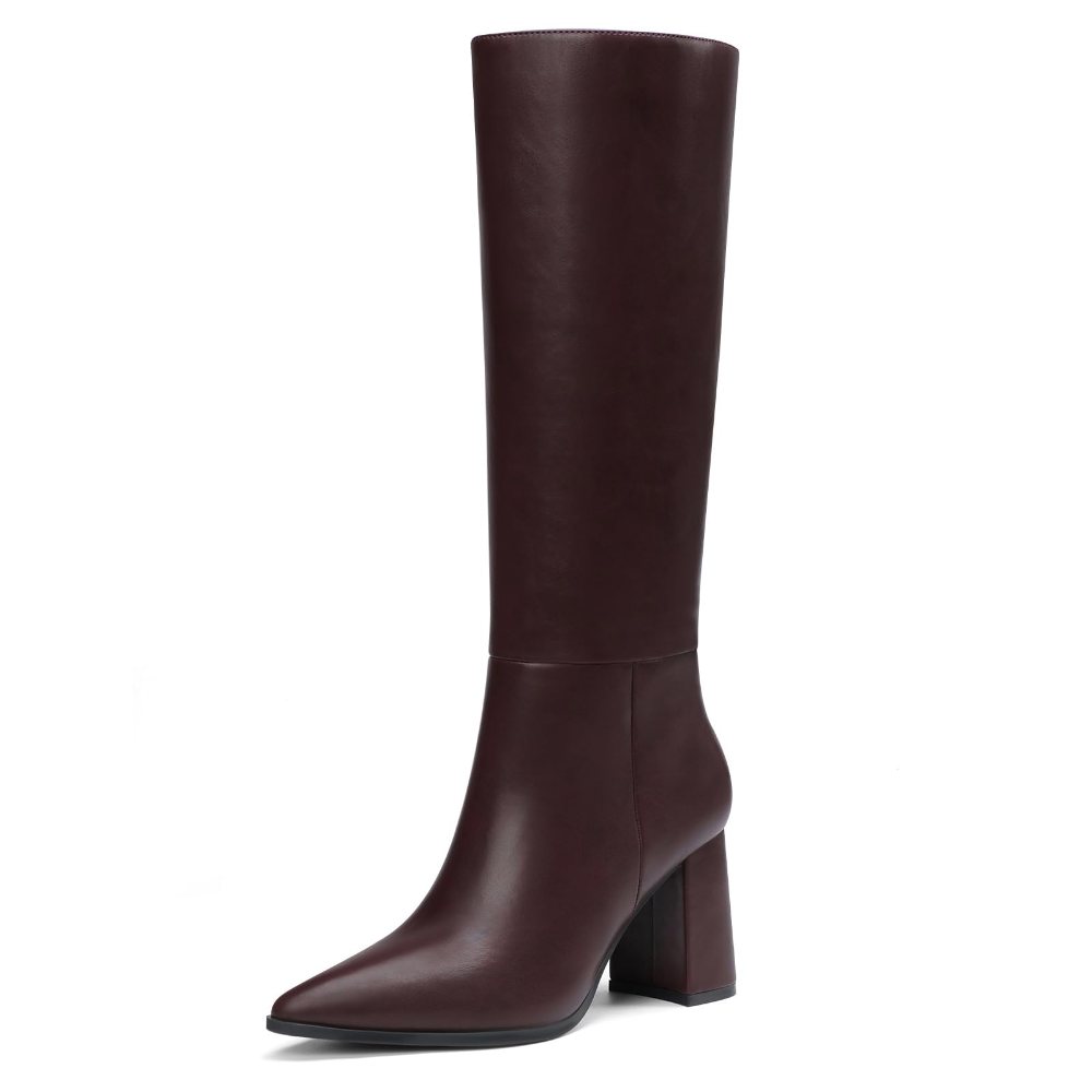 Athlefit Pointed Toe Block Heel Tall Boot in Burgundy