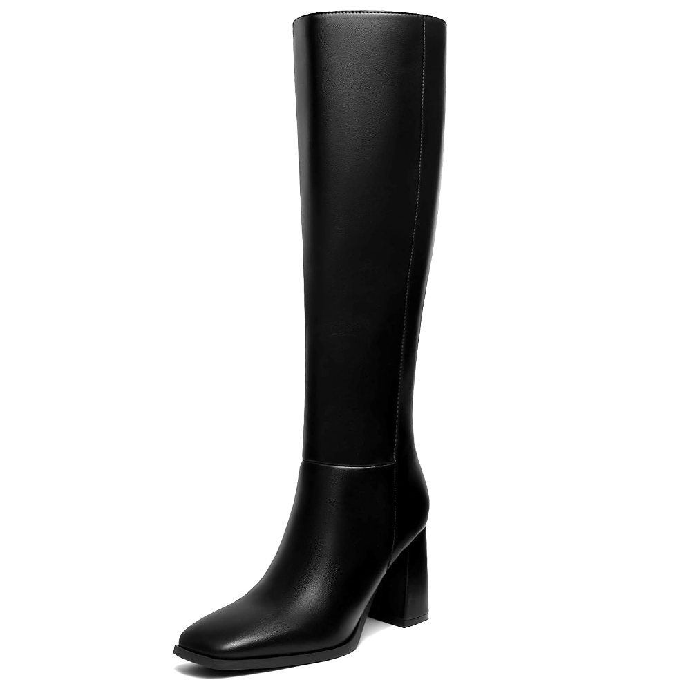 Athlefit Square Toe Block Heel Knee-High Boot in Black