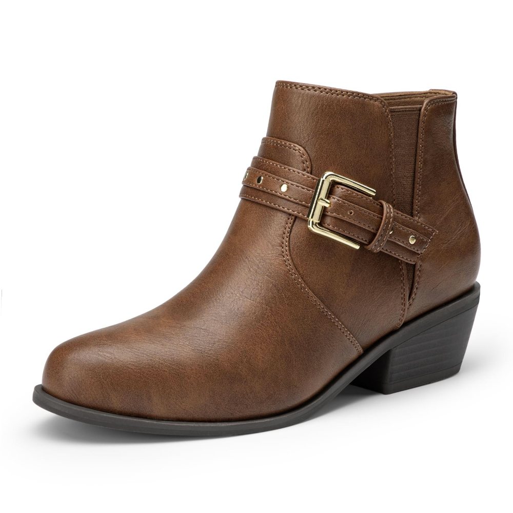 Athlefit Buckle Strap Almond Toe Bootie in Brown