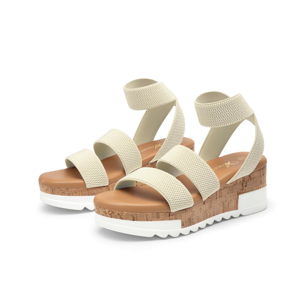 Athlefit Elastic Strap Platform Wedge Sandal in Beige