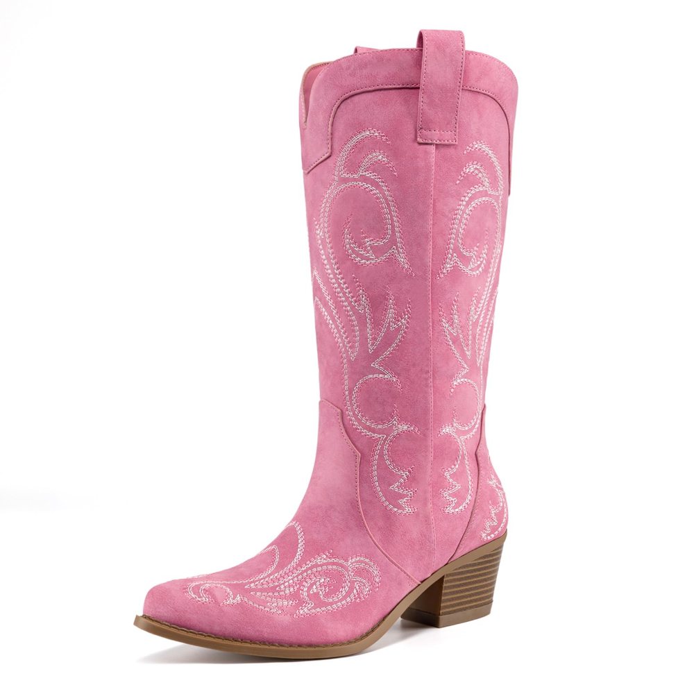 Athlefit Embroidered Pointed Toe Cowboy Boot in Pink