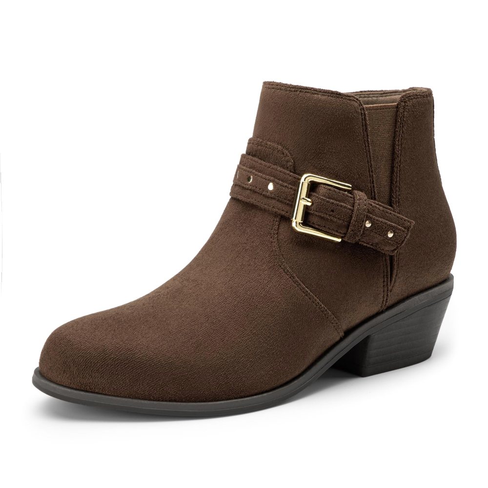 Athlefit Buckle Strap Almond Toe Bootie in Brown Suede