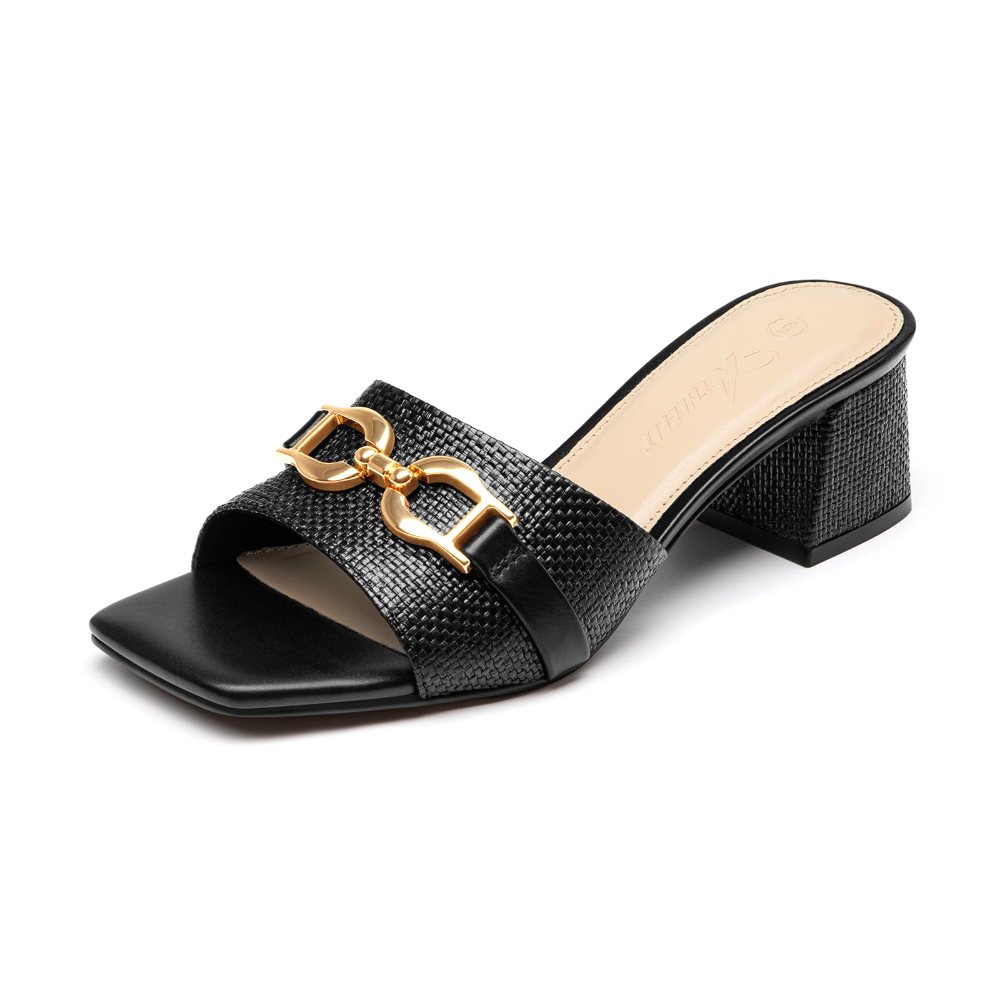 Athlefit Raffia Buckle Block Heel Mule in Black Raffia