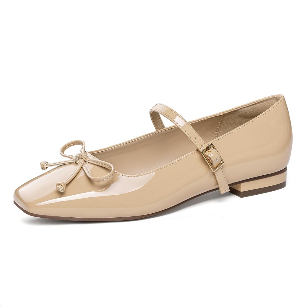 Athlefit Square Toe Bow Mary Jane Flat in Nude
