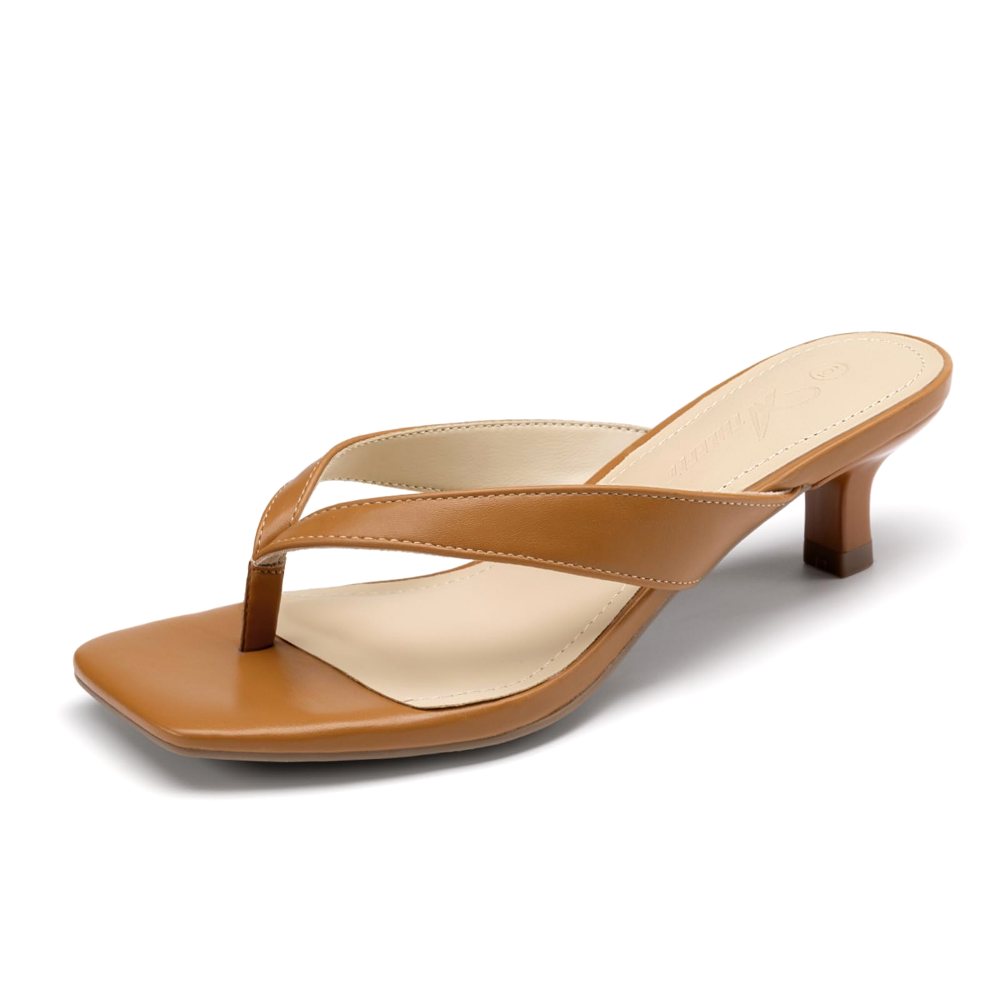 Athlefit Square Toe Kitten Heel Flip-Flop in Tan