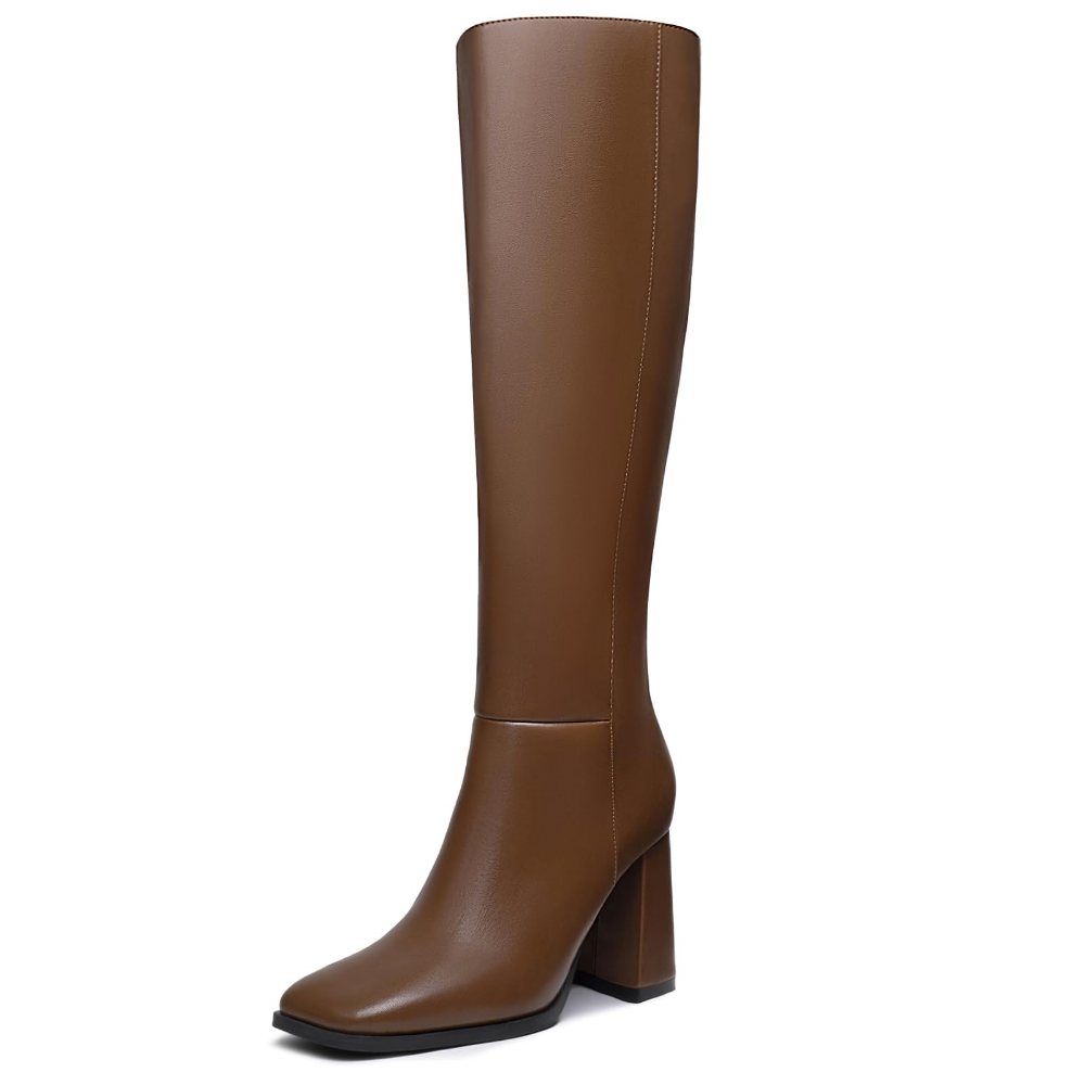 Athlefit Square Toe Block Heel Knee-High Boot in Tan