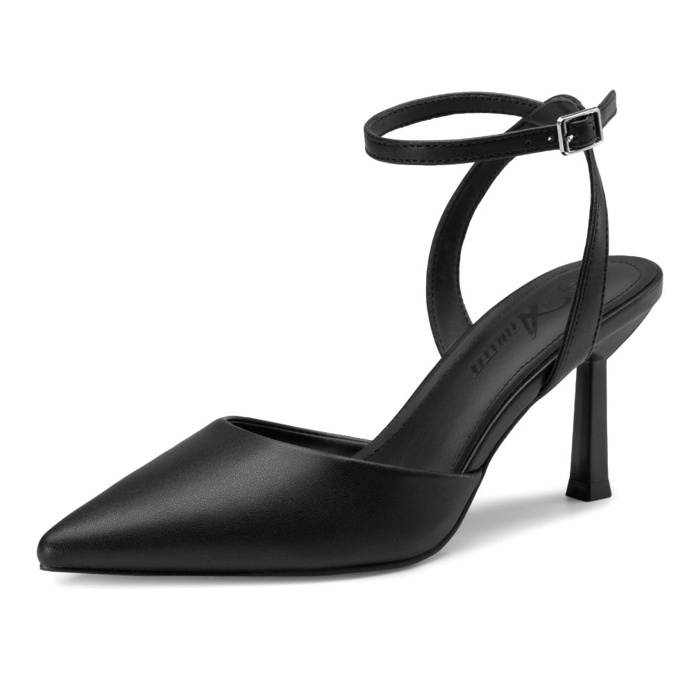 Athlefit Ankle Strap Pointed Toe Pump in Black PU
