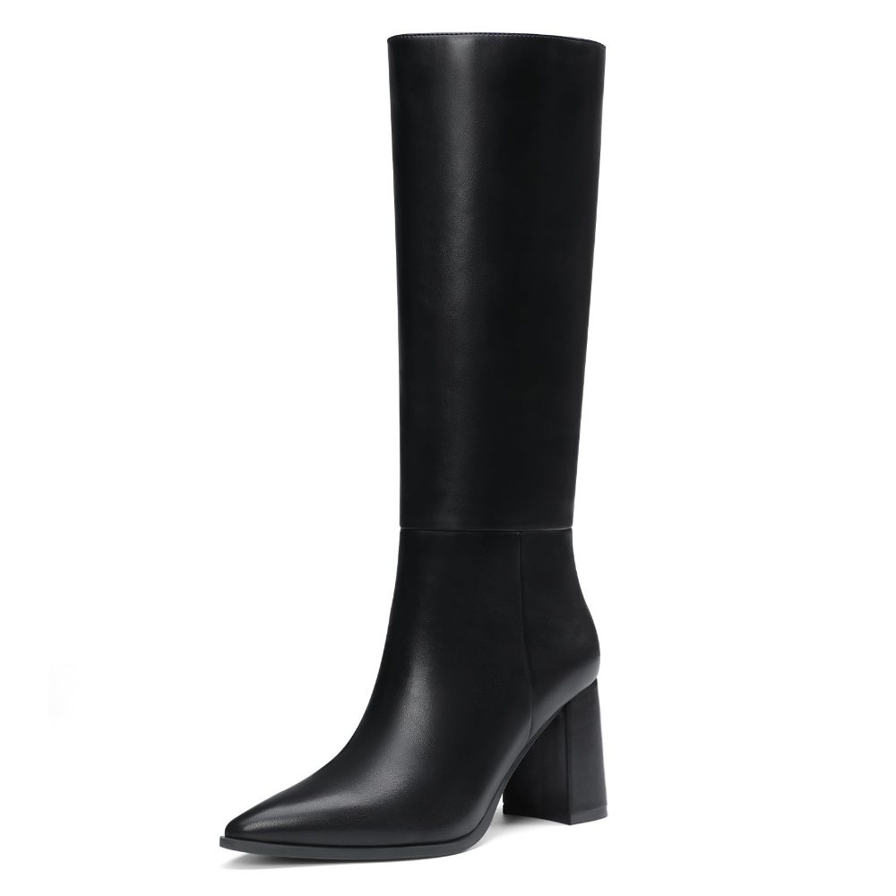 Athlefit Pointed Toe Block Heel Tall Boot in Black