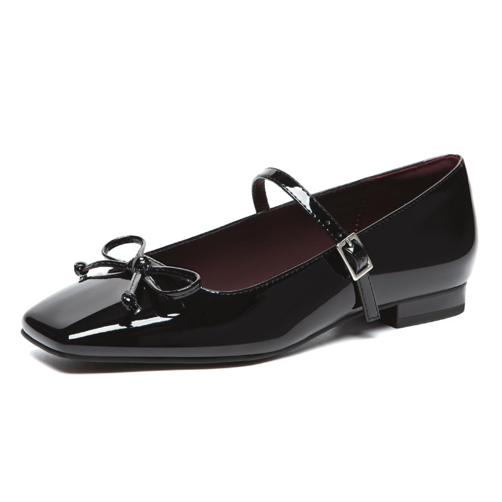 Athlefit Square Toe Bow Mary Jane Flat in Black