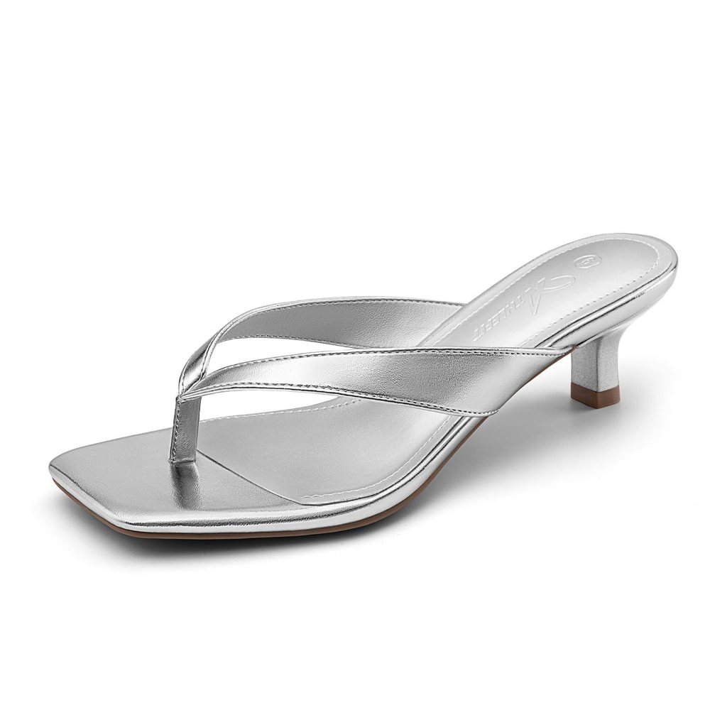 Athlefit Square Toe Kitten Heel Flip-Flop in Silver