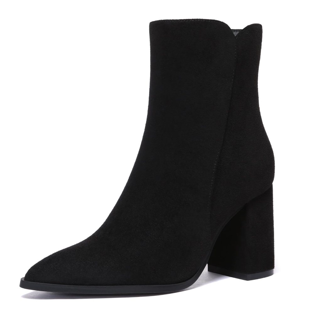 Athlefit Pointed Toe High Block Heel Bootie in Black Suede