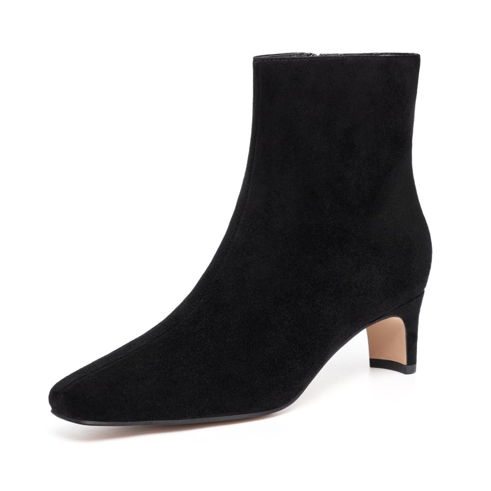 Athlefit Square Toe Block Heel Bootie in Black Suede