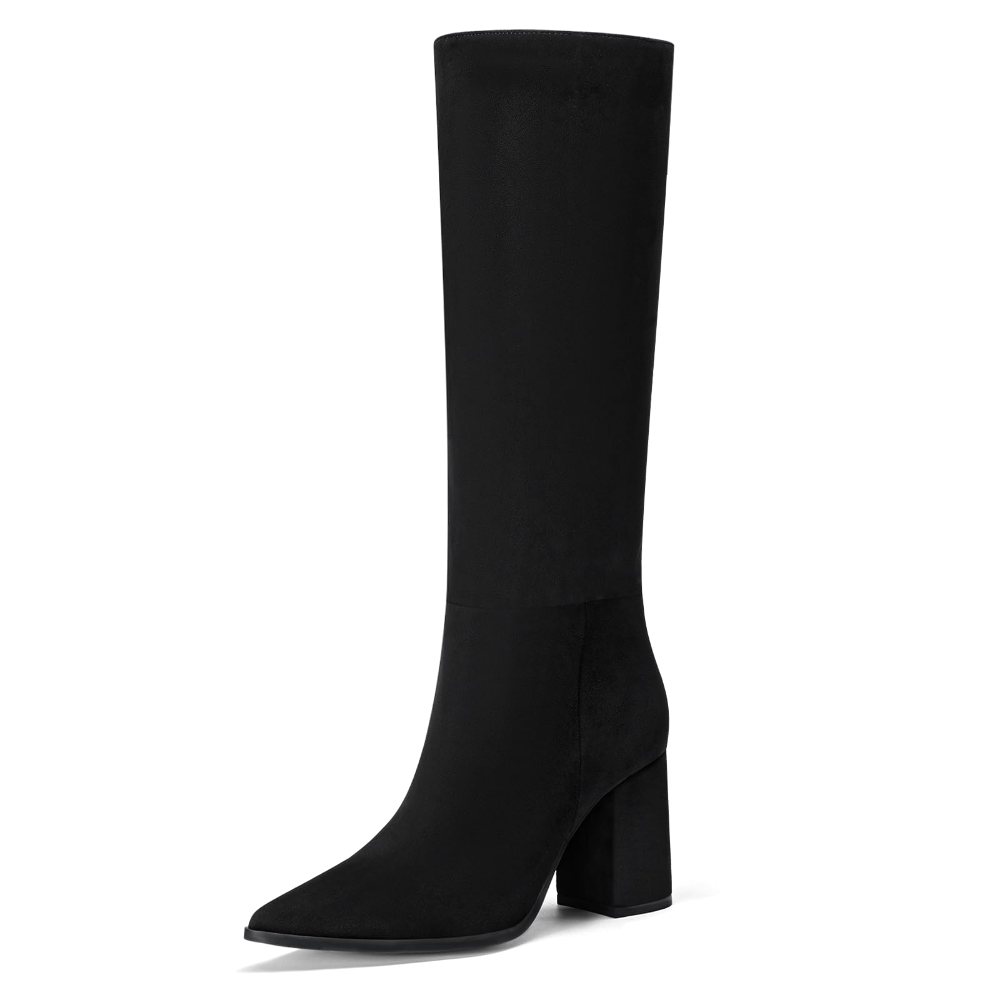 Athlefit Pointed Toe Block Heel Tall Boot in Black Suede