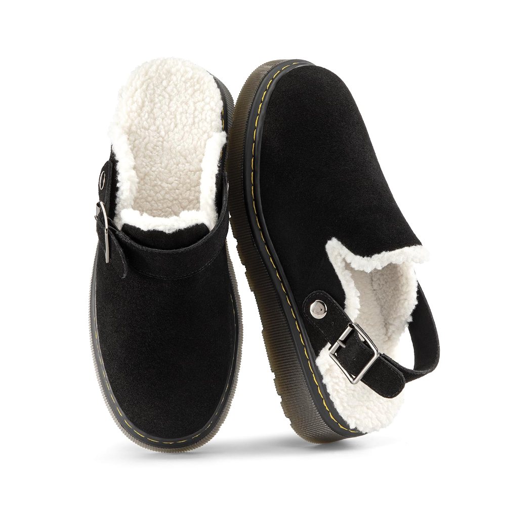 Athlefit Back Strap Suede Clog in Black Fuzzy Lined