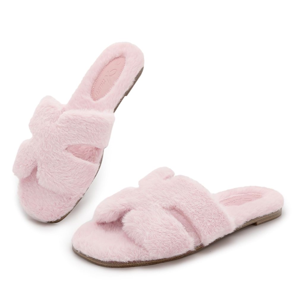 Athlefit Fuzzy Crossband Slide Slipper in Pink