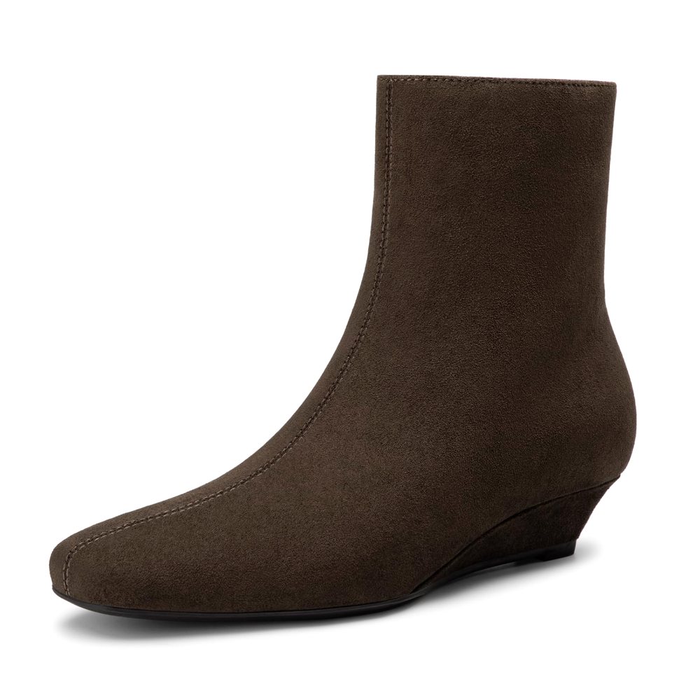 Athlefit Square Toe Wedge Bootie in Brown Suede