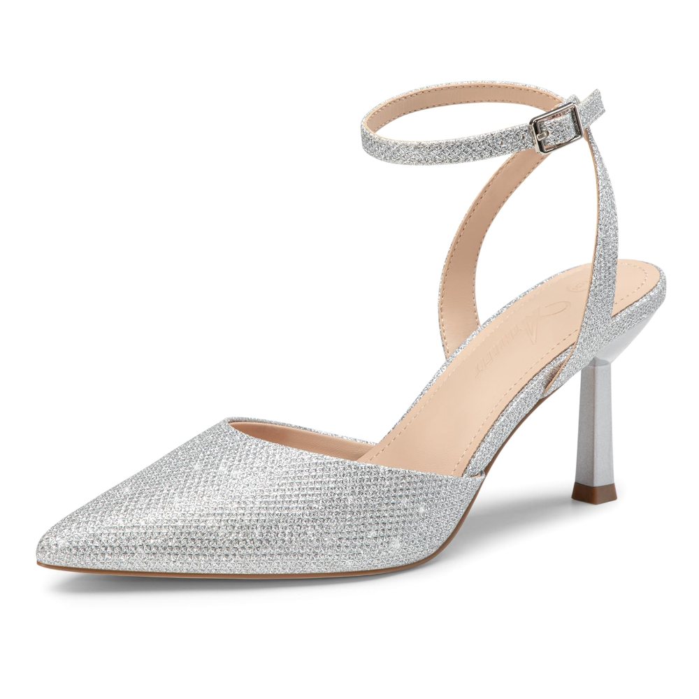 Athlefit Ankle Strap Pointed Toe Pump in Silver Glitter