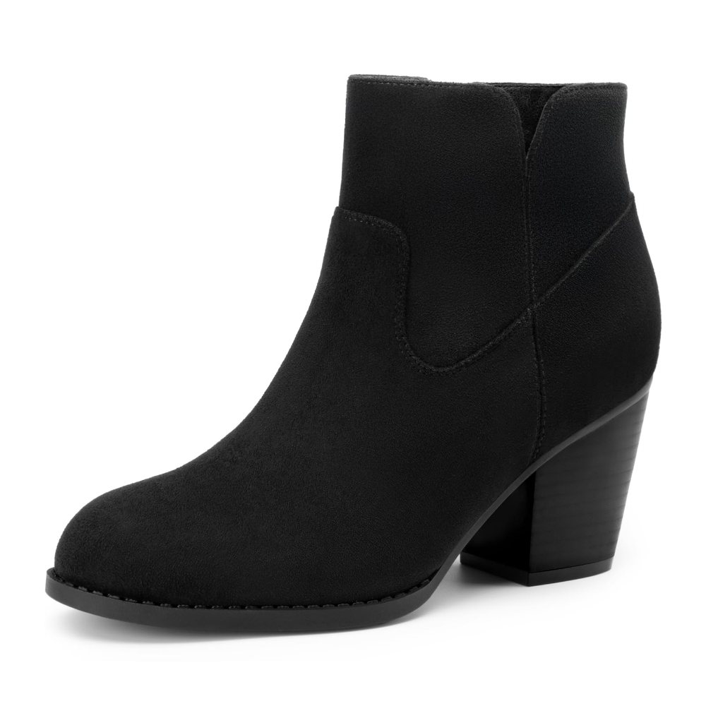 Athlefit Round Toe Stacked Heel Bootie in Black Suede