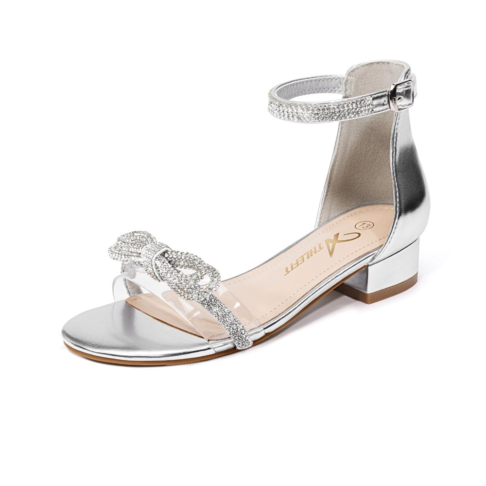 Athlefit Girls' Block Heel Dress Sandal in Silver Rhinestone