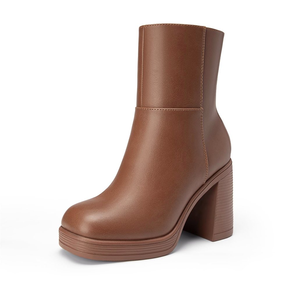Athlefit High Block Heel Platform Ankle Boot in Caramel