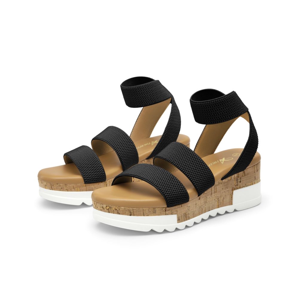 Athlefit Elastic Strap Platform Wedge Sandal in Black