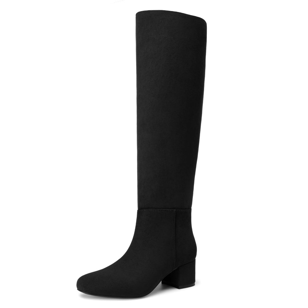 Athlefit Low Block Heel Knee-High Boot in Black Suede