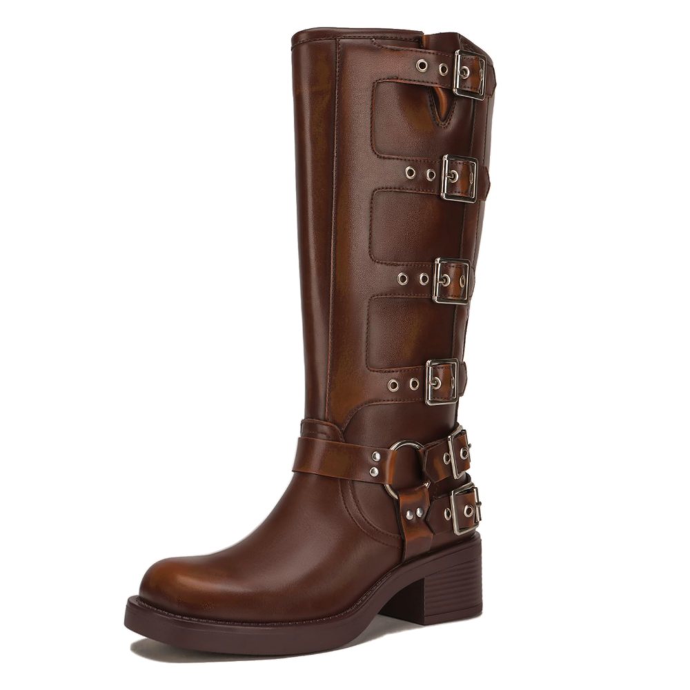 Athlefit Buckle Moto Knee-High Boot in Brown