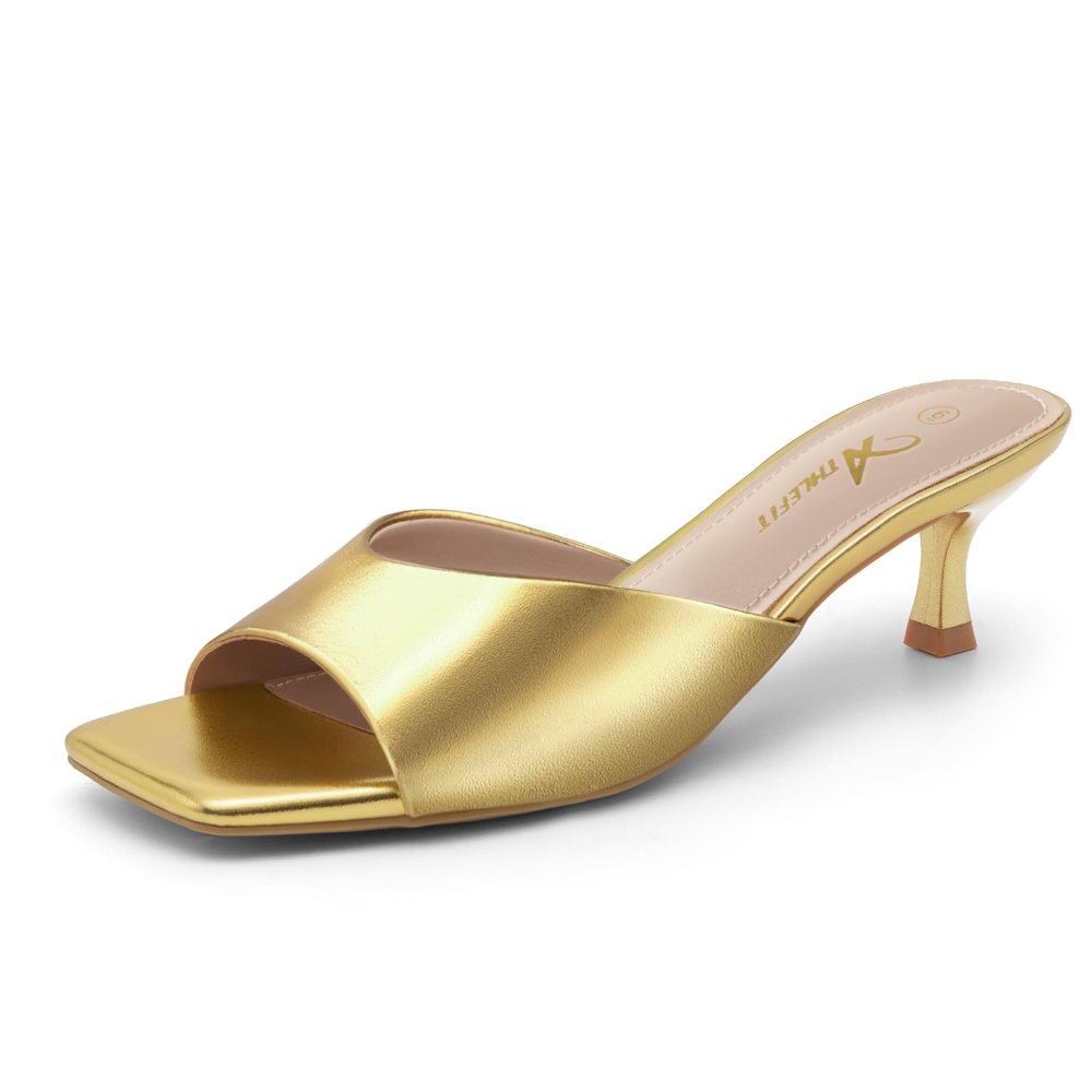 Athlefit Square Toe Kitten Heel Mule in Gold