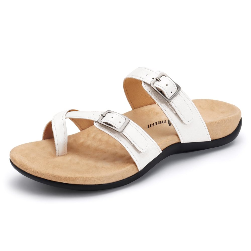 Athlefit Arch Support Buckle Toe Loop Sandal in White