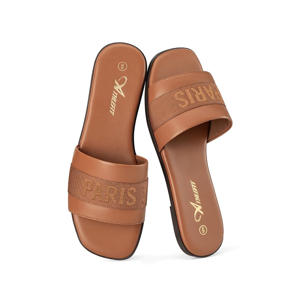 Athlefit Embroidered Strap Slide in Brown