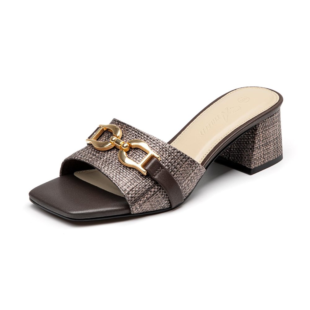 Athlefit Raffia Buckle Block Heel Mule in Coffee Raffia