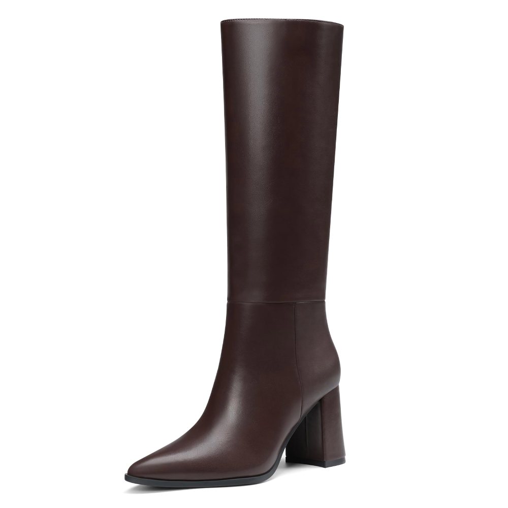 Athlefit Pointed Toe Block Heel Tall Boot in Chocolate