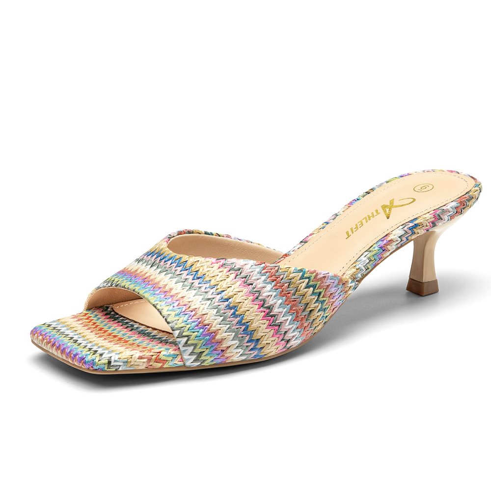Athlefit Square Toe Kitten Heel Mule in Multi Raffia