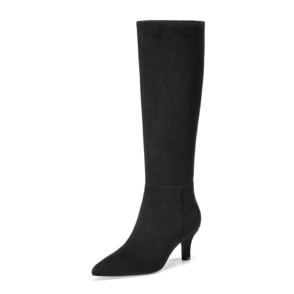 Athlefit Pointed Toe Kitten Heel Tall Boot in Black Suede