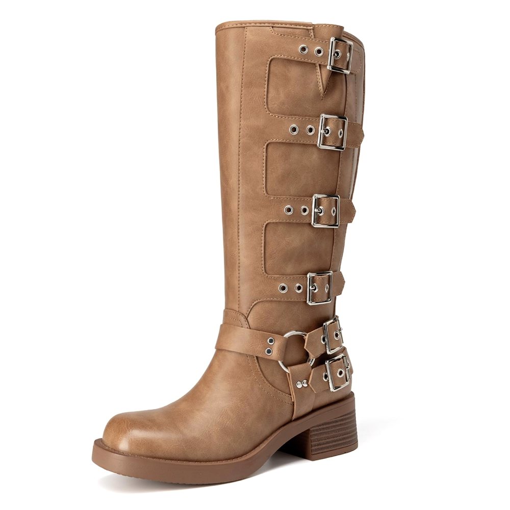 Athlefit Buckle Moto Knee-High Boot in Camel